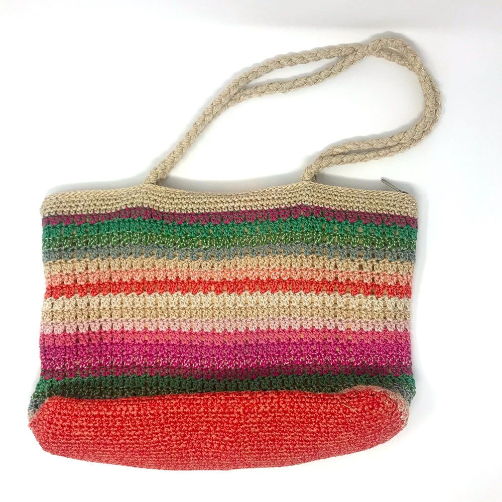 The Sak Rainbow Striped Woven Braided Strap Crochet Zippered Tote Purse - Picture 11 of 11